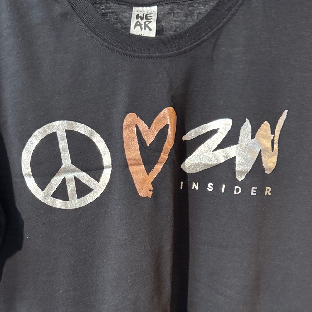 Zumba Fitness Black Tee with Metallic Rose Gold Heart and White Graphics EUC M-L - Picture 3 of 8